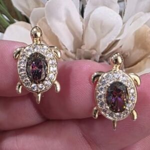 Gold Turtle Earrings with Purple Gemstone